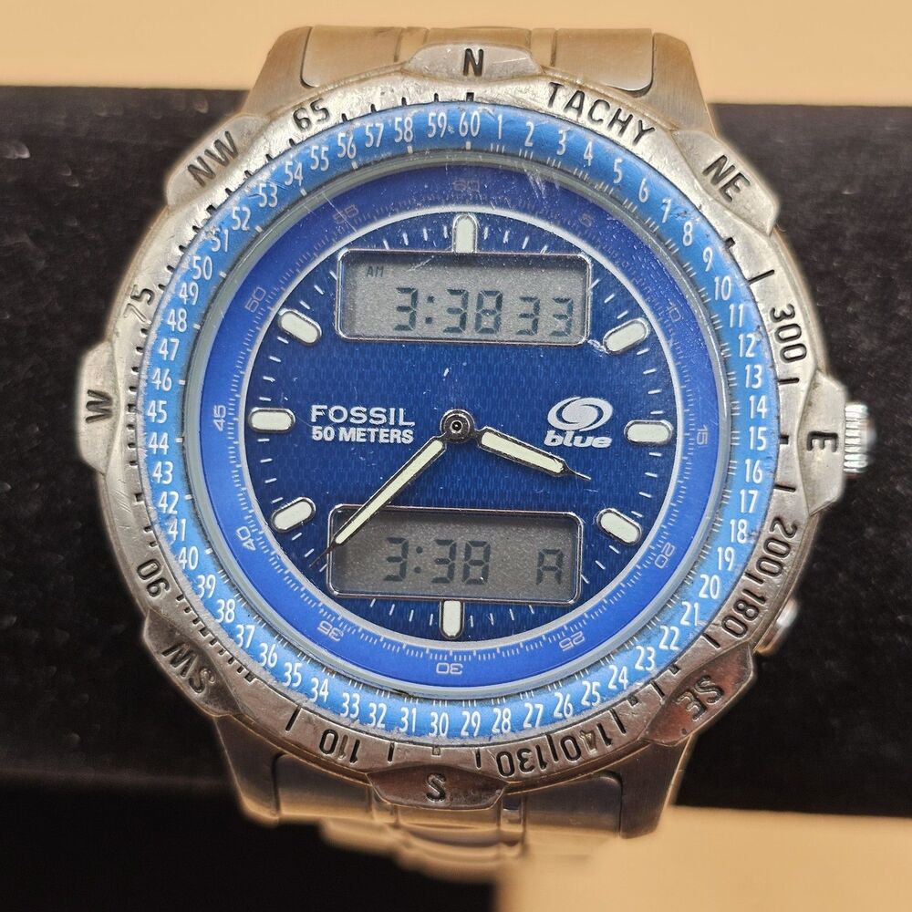 Fossil Blue AM-3199 Men's Ana-Digi Watch RUNS Needs Second Hand Reinstalled